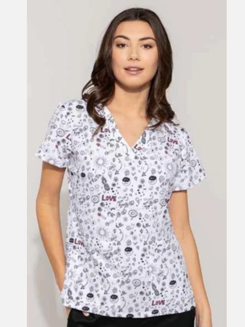 Med Couture Black and White Good Vibes V Neck Scrub Top